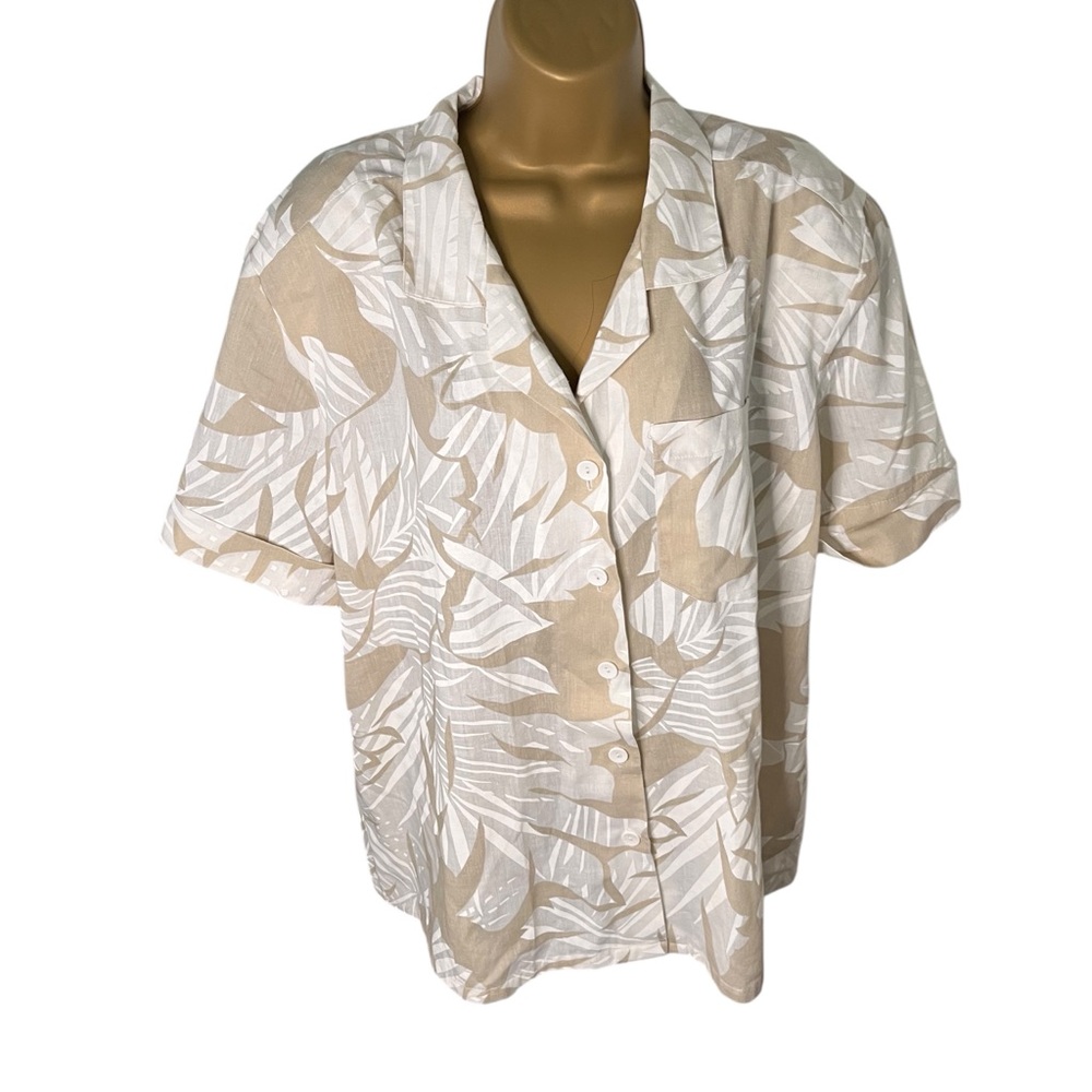 Vintage 80s Judy Bond Tropical Button Up Blouse Padded Shoulders Beige White 18